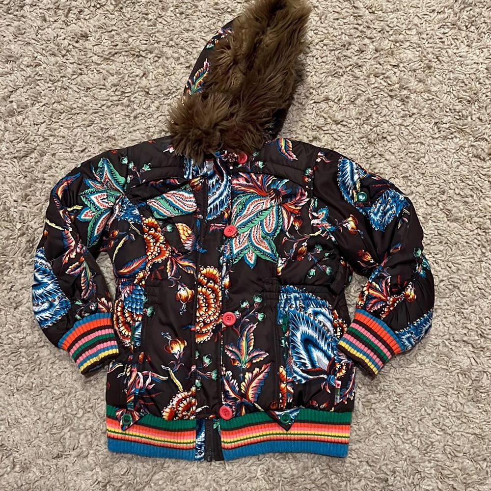 Oilily Kid’s Floral Fur Trimmed Hood Puffer Jacket